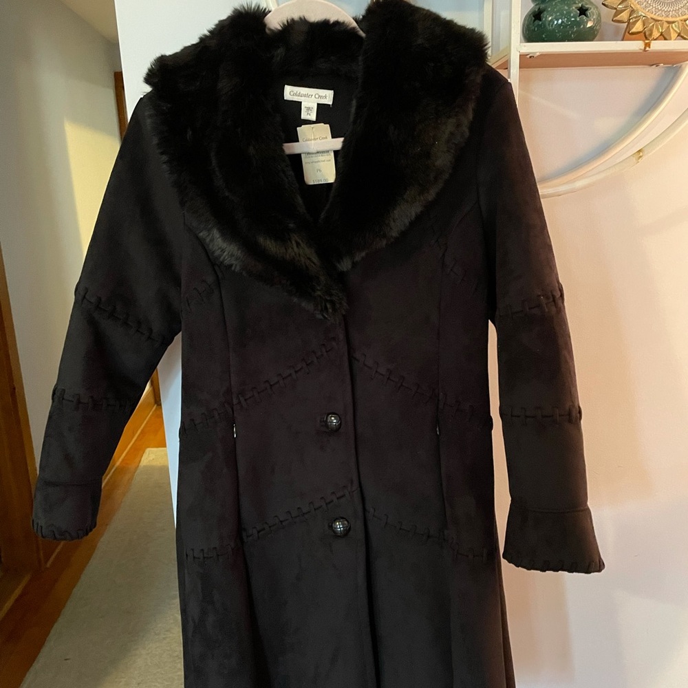 Coldwater Creek Phoebe Long Whipstitch Coat 6P Black NWT Faux Fur